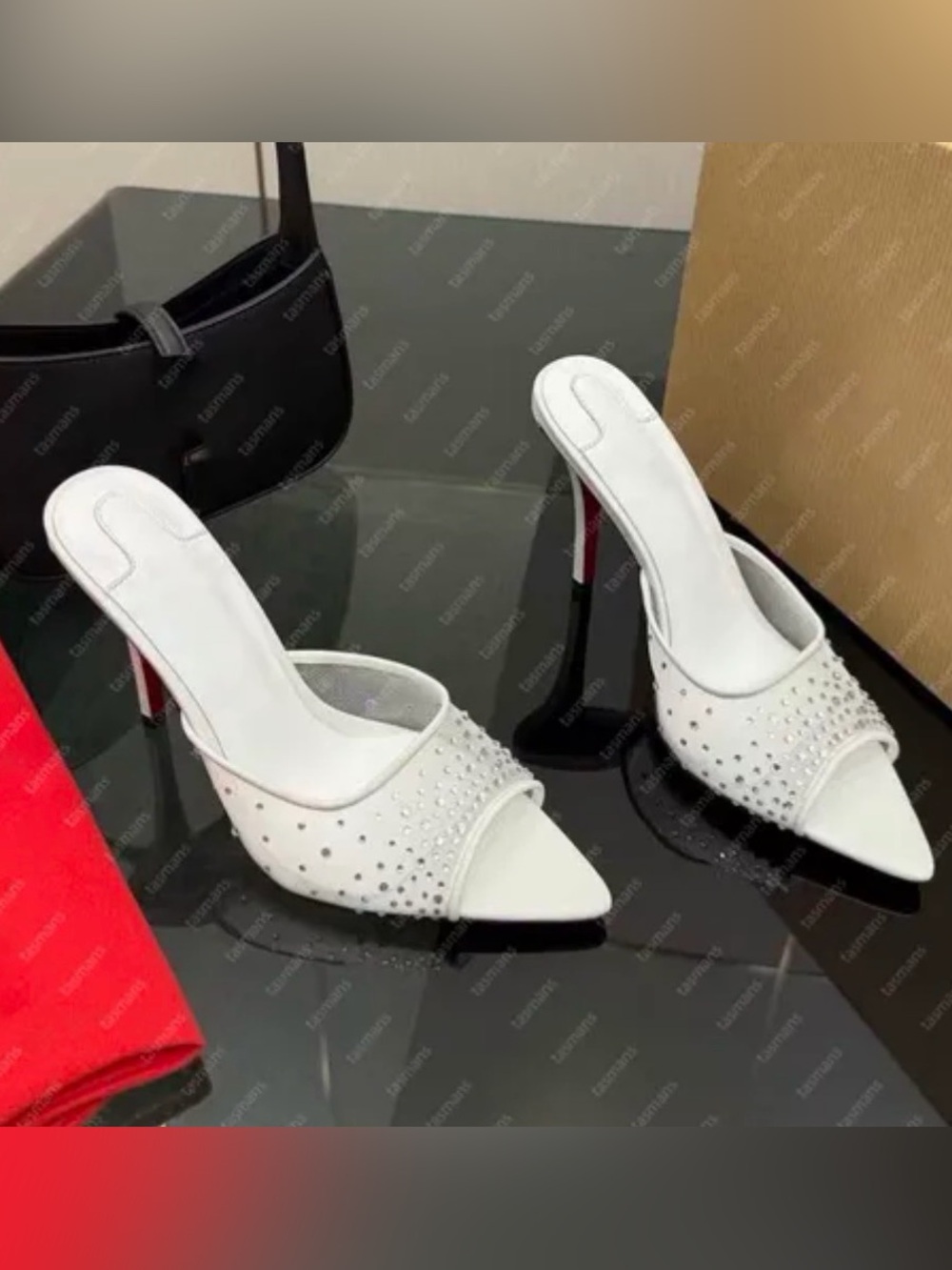 White rhinestone mules slip on Z heels
